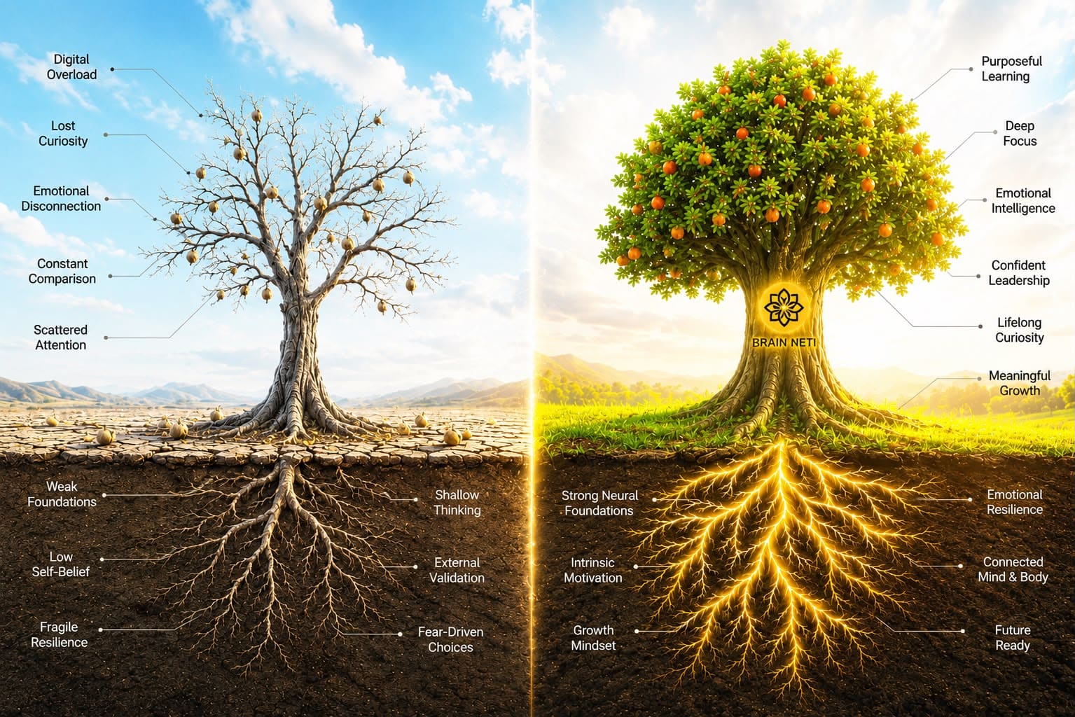 Two trees side by side: one withered in cracked dry soil labelled with digital overload, lost curiosity and weak foundations, the other flourishing with fruit and deep roots labelled with focus, confidence and emotional resilience, growing from the Brain Neti seed